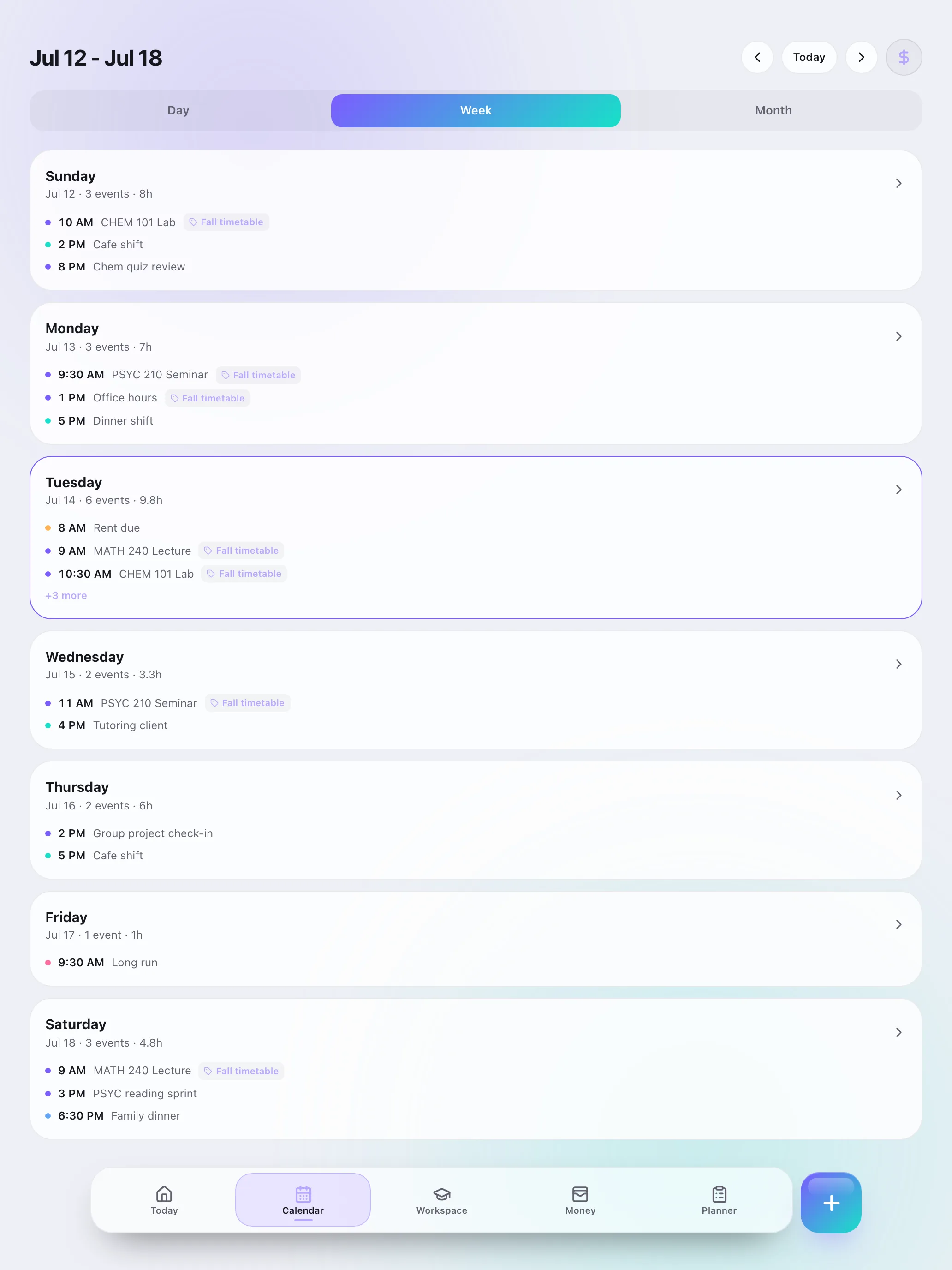Fasti web app displaying a complete student week on desktop.