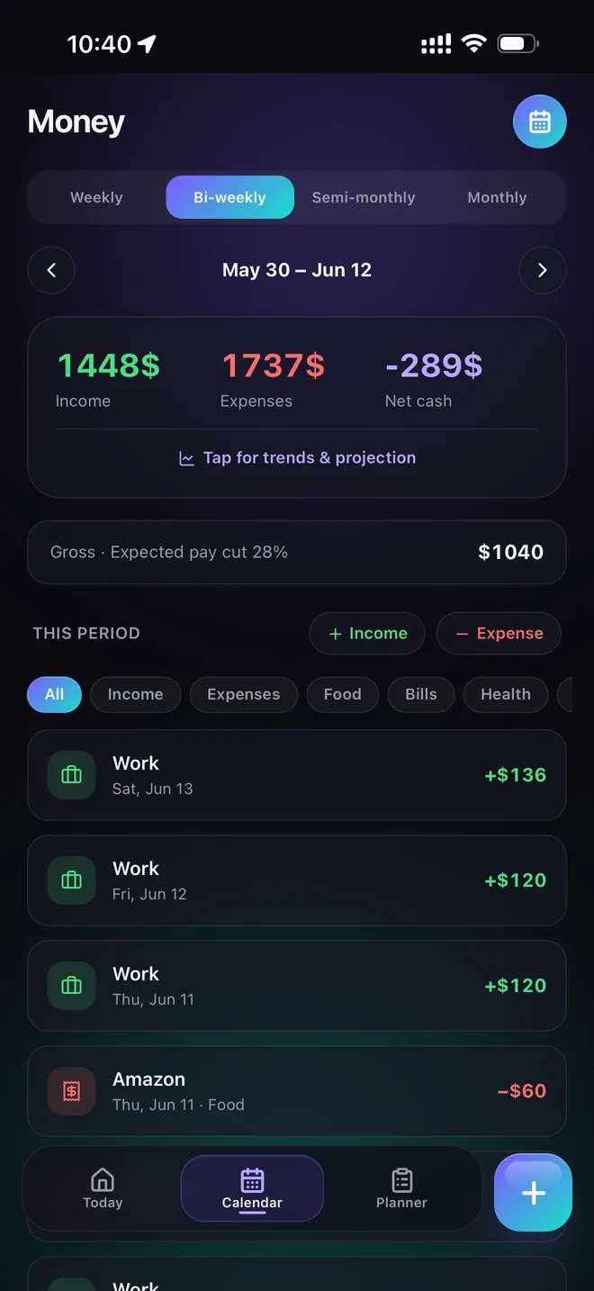 Fasti money view displaying projected pay, income and expenses beside a student schedule.