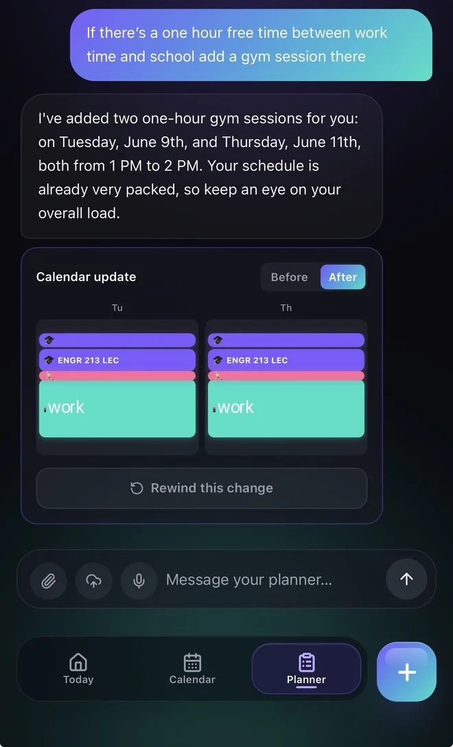 Fasti showing a before-and-after preview for calendar changes extracted from a planning request.