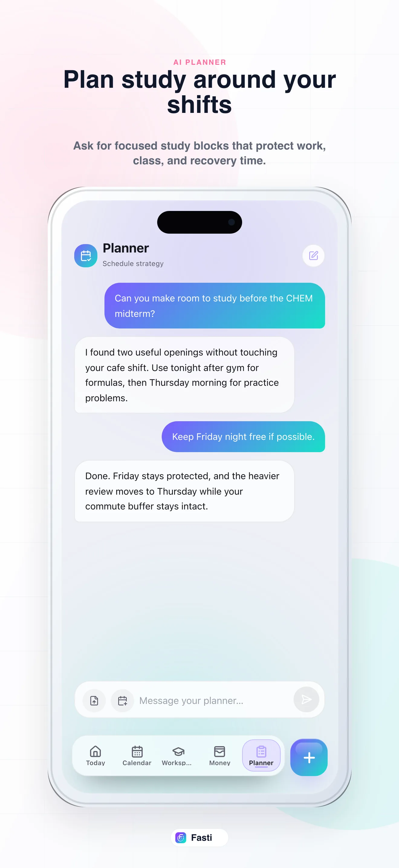 Fasti shared calendar chat showing selected events and coordination messages.