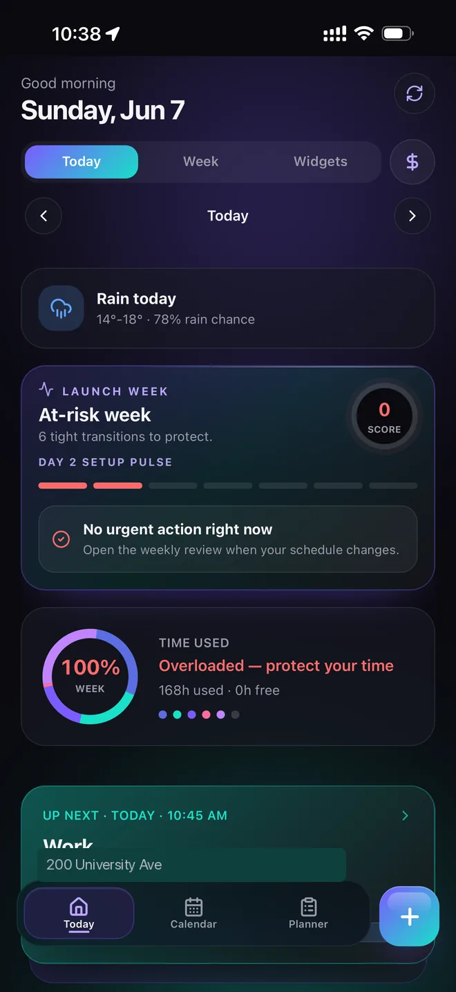 Fasti student planner dashboard showing events, weekly pressure, and the next action.